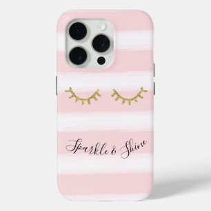 Girly Pink Stripes Gold Glitter Eyelashes  iPhone 15 Pro Case