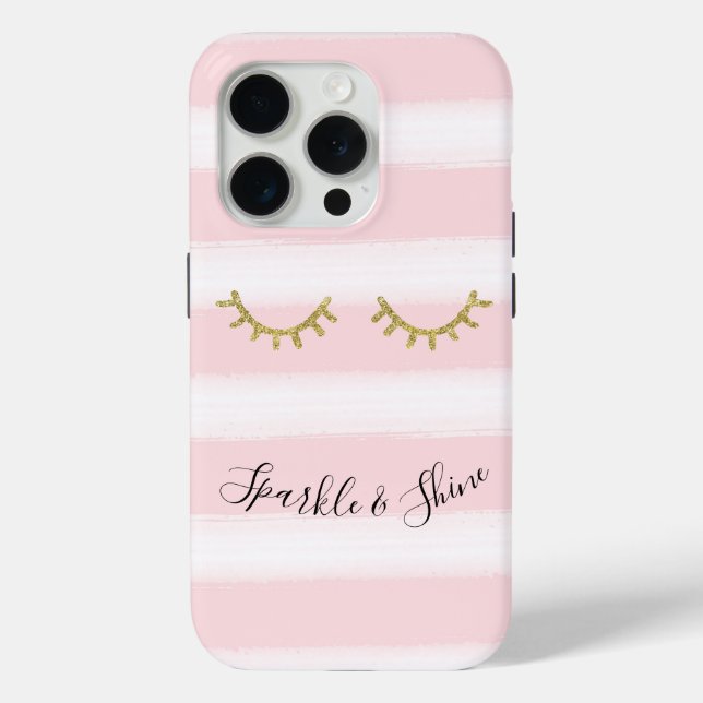 Girly Pink Stripes Gold Glitter Eyelashes  Case-Mate iPhone Case (Back)