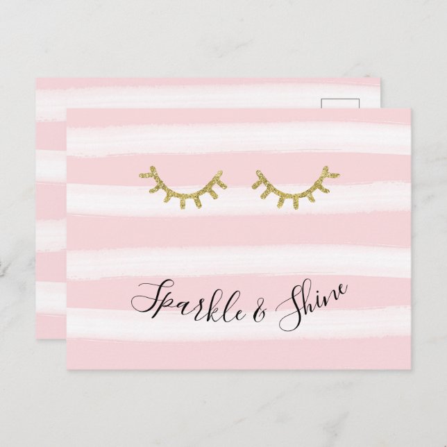 Girly Pink Stripes Gold Glitter Eyelashes  Postcard (Front/Back)