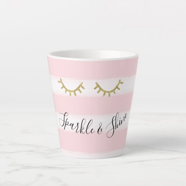 Girly Pink Stripes Gold Glitter Eyelashes Sparkle Latte Mug (Front)