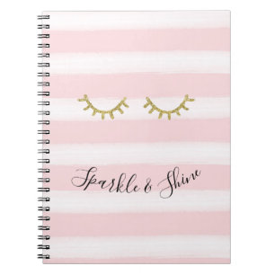 Girly Pink Stripes Gold Glitter Eyelashes Sparkle Notebook