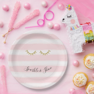 Girly Pink Stripes Gold Glitter Eyelashes Sparkle Paper Plate