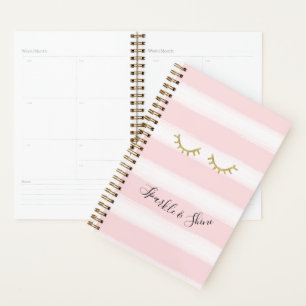 Girly Pink Stripes Gold Glitter Eyelashes Sparkle Planner