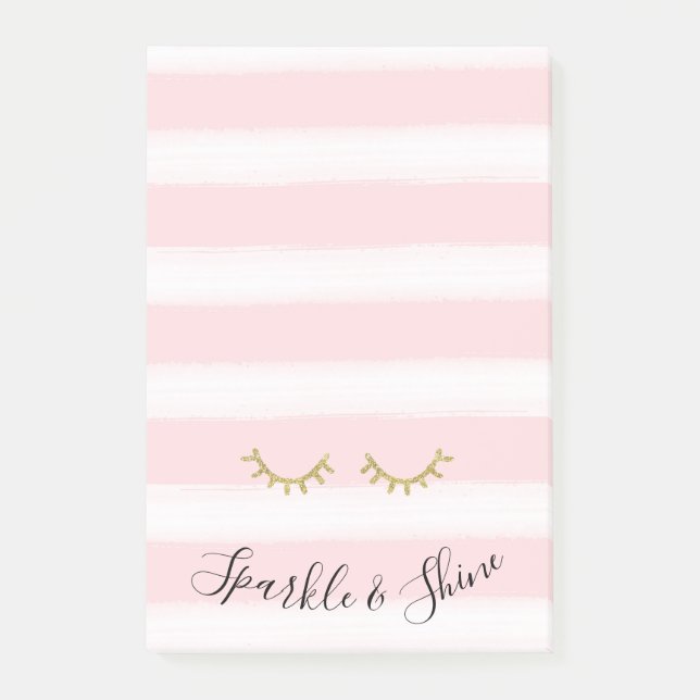 Girly Pink Stripes Gold Glitter Eyelashes Sparkle Post-it Notes (Front)
