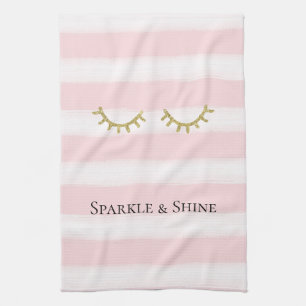 Girly Pink Stripes Gold Glitter Eyelashes  Tea Towel