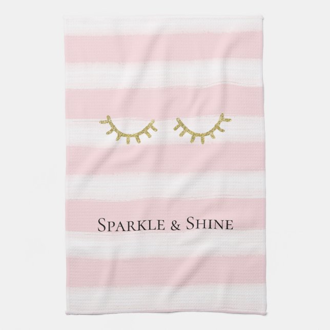 Girly Pink Stripes Gold Glitter Eyelashes  Tea Towel (Vertical)