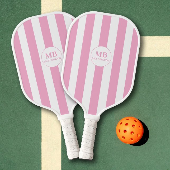 Girly Pink Stripes Monogram Custom Name Pickleball Paddle (Creator Uploaded)