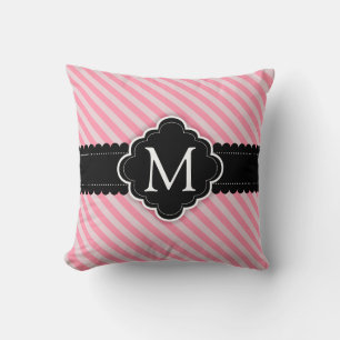 Girly Pink Stripes Pattern Black Custom Monogram Cushion
