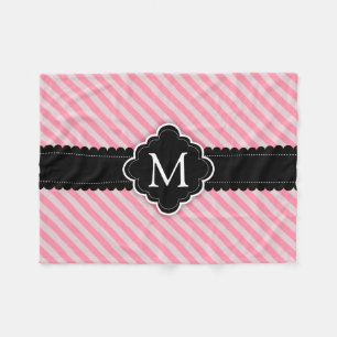 Girly Pink Stripes Pattern Black Custom Monogram Fleece Blanket