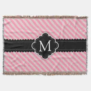 Girly Pink Stripes Pattern Black Custom Monogram Throw Blanket