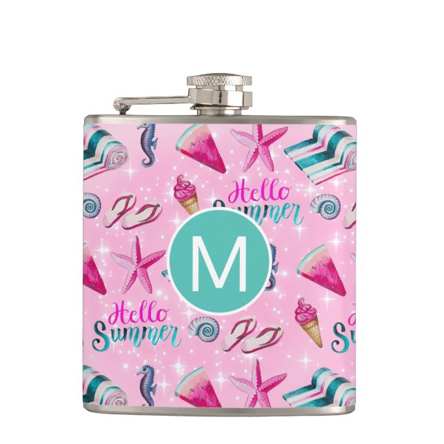 Girly Pink Summer Watercolor Pattern Monogram Hip Flask (Front)