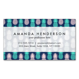 Girly Pink Teal Blue Tropical Pineapple Pattern Magnetic Business Card