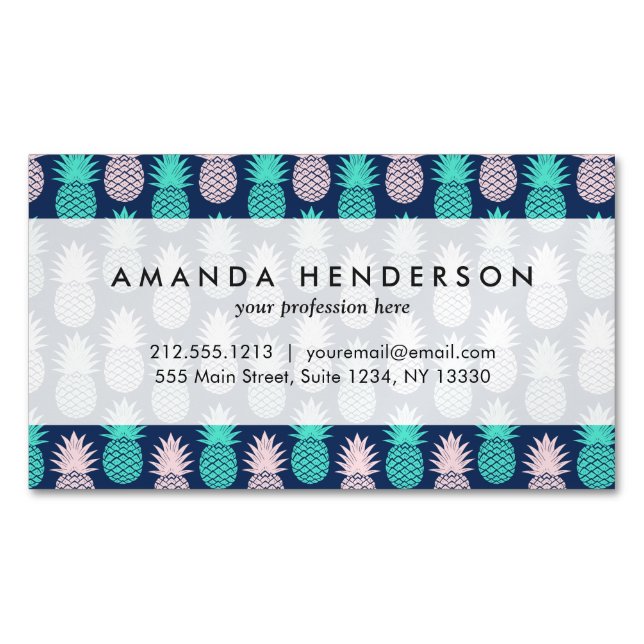 Girly Pink Teal Blue Tropical Pineapple Pattern Magnetic Business Card (Front)