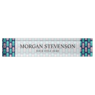 Girly Pink Teal Blue Tropical Pineapple Pattern Nameplate