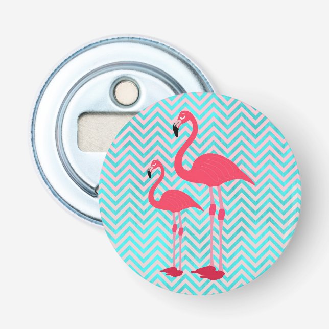 Girly Pink Teal Chevron Elegant Cute Flamingos Bottle Opener (Front)