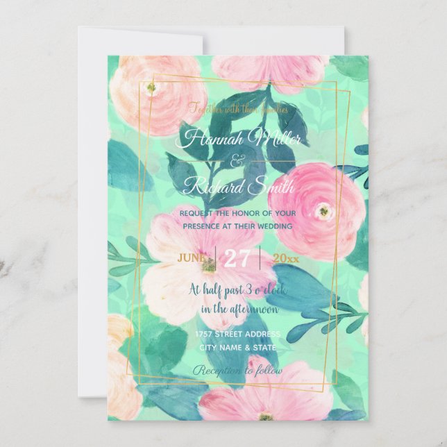 Girly Pink & Teal Floral Hand Paint Mint Design Invitation (Front)