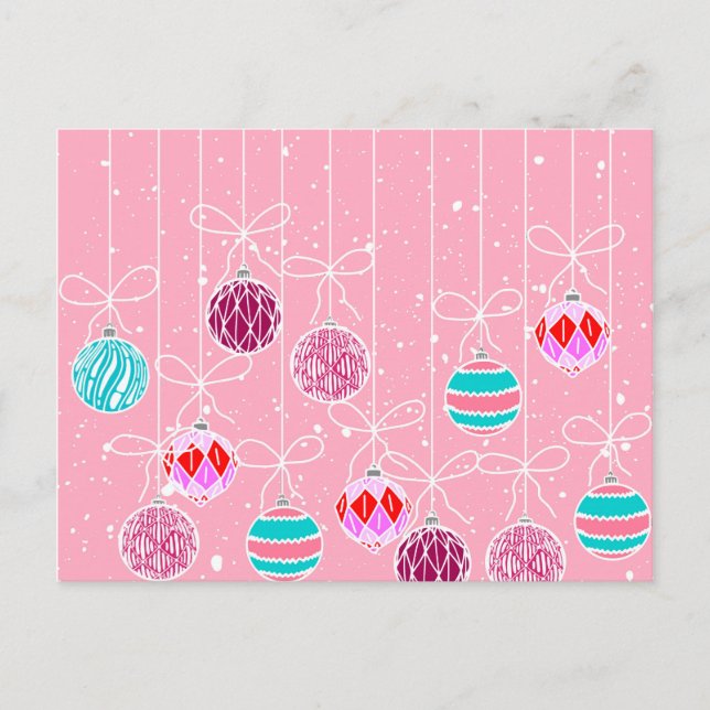 Girly Pink Teal Glam Christmas Ornaments and Snow Holiday Postcard (Front)