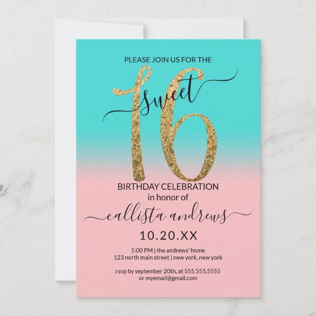 Girly Pink Teal Gold Glitter Ombre Sweet 16 Invitation (Front)