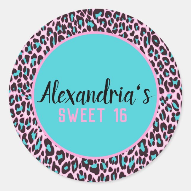 Girly Pink/Teal Leopard Personalised Sweet 16 Classic Round Sticker (Front)