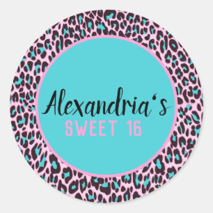 Girly Pink/Teal Leopard Personalised Sweet 16 Classic Round Sticker