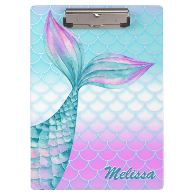 Girly Pink Teal Mermaid Tail Scales Personalised Clipboard (Front)
