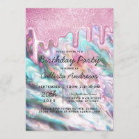 Girly Pink Teal Pearl Opal Glitter Drips Birthday