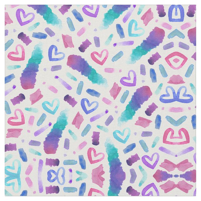 Girly Pink Teal Purple Watercolor Doodles Fabric (Close Up)