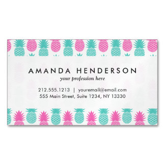 Girly Pink Teal Tropical Pineapple Pattern Magnetic Business Card