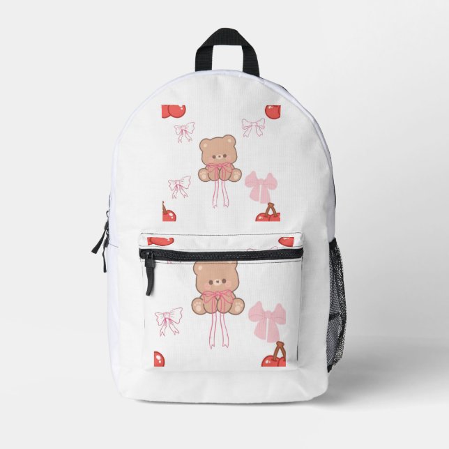 Girly Pink Teddy Bear Bow Cherry Pastel Coquette Printed Backpack (Front)