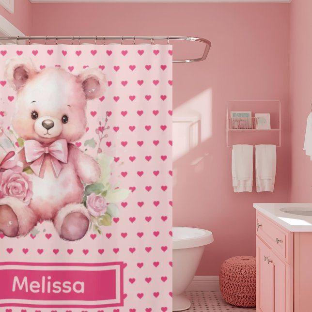 Girly Pink Teddy Bear Monogram Shower Curtains (Creator Uploaded)