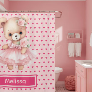 Girly Pink Teddy Bear Monogram Shower Curtains