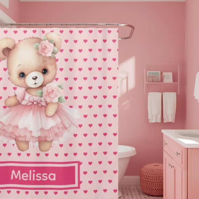 Girly Pink Teddy Bear Monogram Shower Curtains (Creator Uploaded)