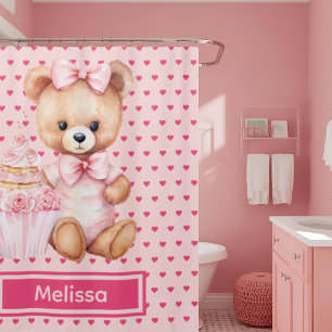 Girly Pink Teddy Bear Monogram Shower Curtains