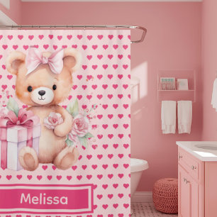 Girly Pink Teddy Bear Monogram Shower Curtains