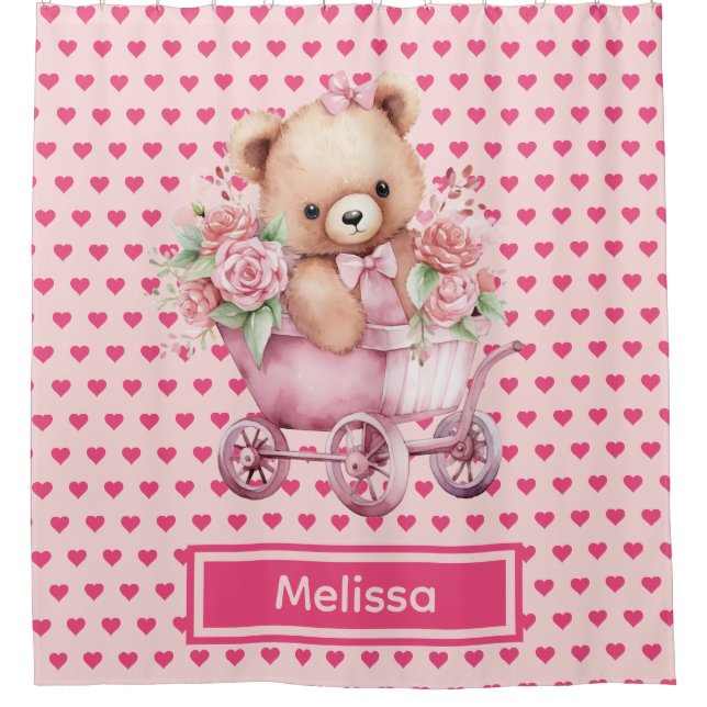 Girly Pink Teddy Bear Monogram Shower Curtains (Front)