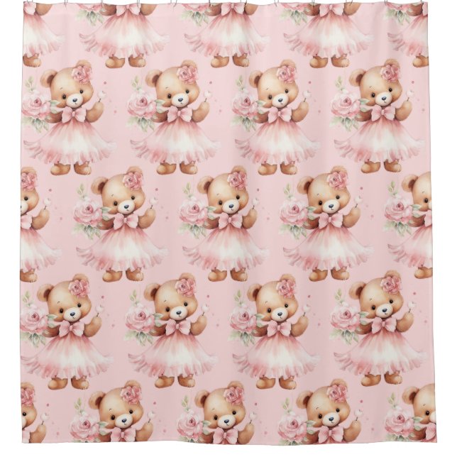 Girly Pink Teddy Bear Shower Curtains (Front)