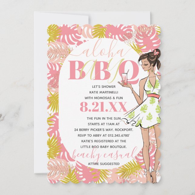 Girly Pink Tropical Aloha Baby BBQ Shower  Invitat Invitation (Front)