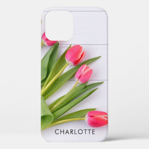 Girly Pink Tulips on White Wood Classic  iPhone 12 Case