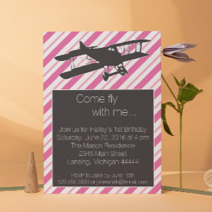 Girly Pink Vintage Aeroplane Birthday Invite