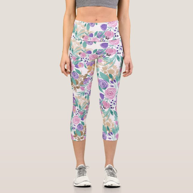 Girly Pink Violet Purple Gold Watercolor Flowers Capri Leggings (Front)