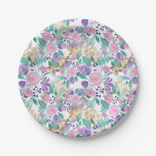 Girly Pink Violet Purple Gold Watercolor Flowers Paper Plate