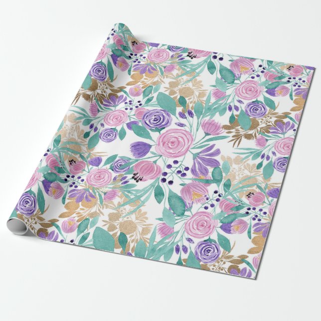Girly Pink Violet Purple Gold Watercolor Flowers Wrapping Paper (Unrolled)