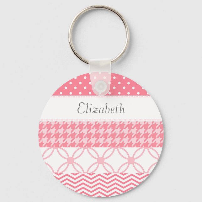 Girly Pink Washi Tape Geometric Pattern With Name Key Ring (Front)