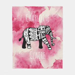Girly Pink Watercolor Black & White Tribe Elephant Fleece Blanket