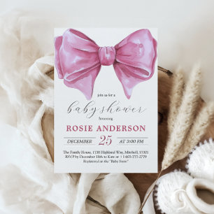 Girly Pink Watercolor Bow Baby Shower Invitation