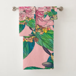 Girly Pink Watercolor Floral Hand Paint Bath Towel Set