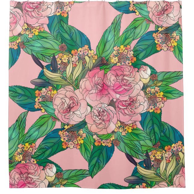 Girly Pink Watercolor Floral Hand Paint Shower Curtain (Front)