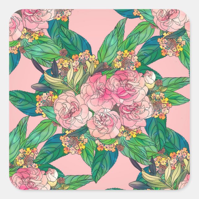 Girly Pink Watercolor Floral Hand Paint Square Sticker (Front)