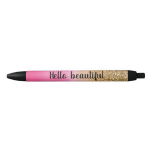 Girly Pink Watercolor Gold Glitter Glitz Confetti Black Ink Pen