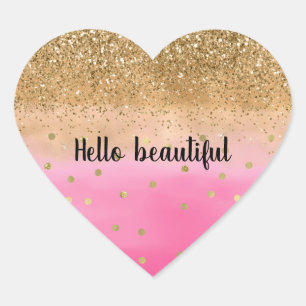 Girly Pink Watercolor Gold Glitter Glitz Confetti Heart Sticker